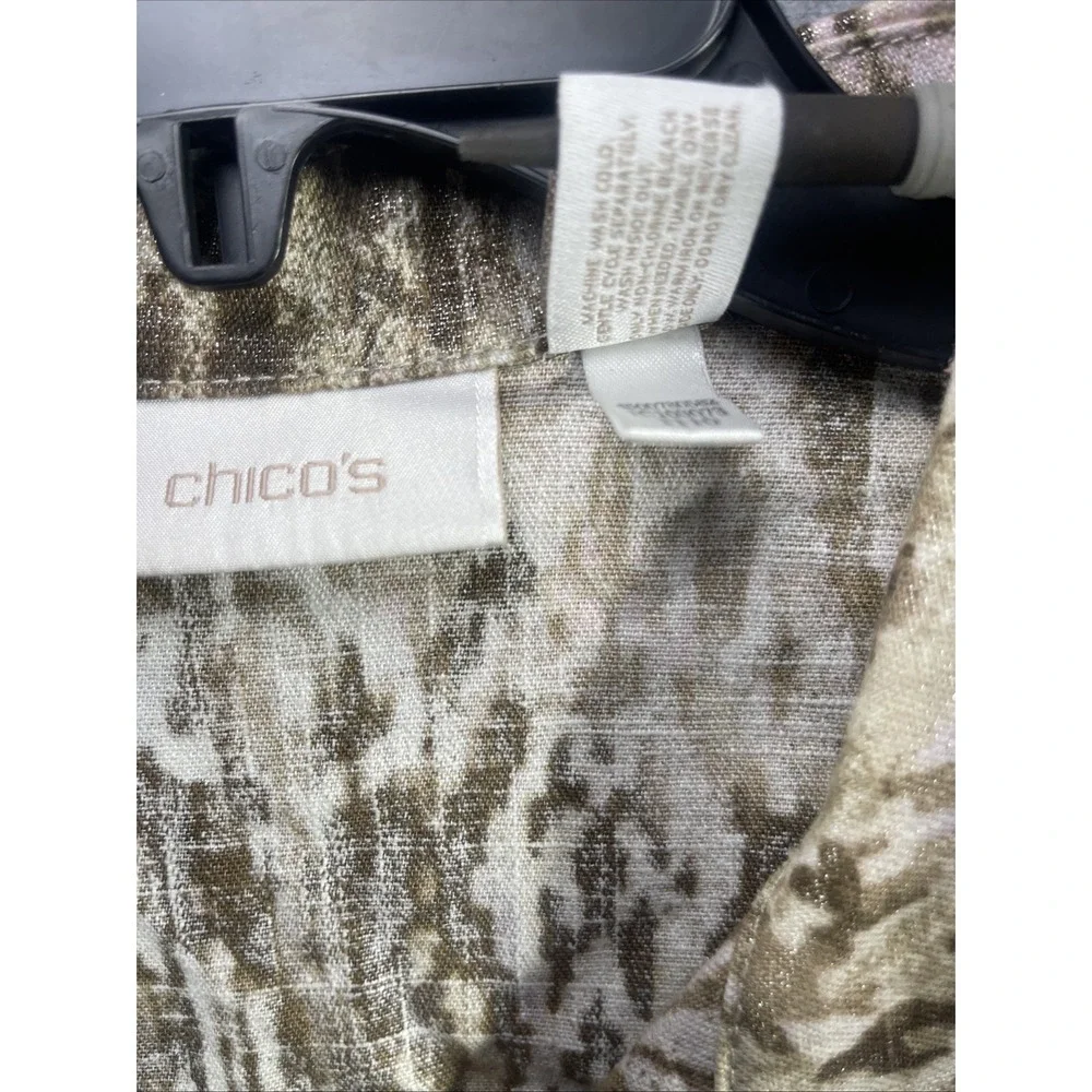CHICO'S 3/4 Sleeve Jacket Brown Beige Print Linen Blend Size 1 NWT